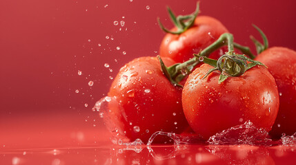 Fresh tomatoes on a vine splashing into water against a red background. 