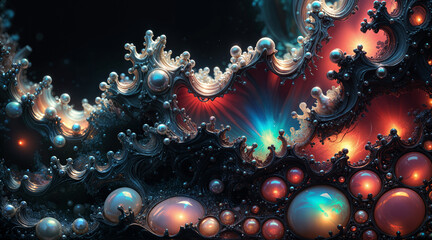 surreal dreamscape fantasy scene filled with precious extravagance and otherworldly beautiful ocean pearls, radiating iridescent opal shimmer and intricate texture waves of opulence and decadence. - obrazy, fototapety, plakaty