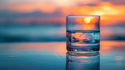 Glass of water on the table with ice cubes, condensation, and a stunning sunset in the background - obrazy, fototapety, plakaty