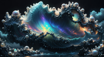 surreal dreamscape fantasy scene filled with precious extravagance and otherworldly beautiful ocean pearls, radiating iridescent opal shimmer and intricate texture waves of opulence and decadence.