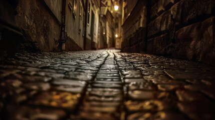 Enchanting Cobblestone Alleyway Lit by a Single Light Source in the Night