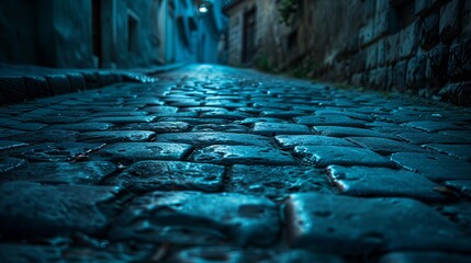 Blue cobblestone street in the old city at night. Road texture background