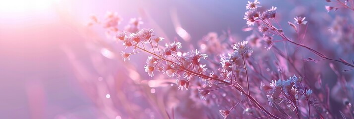 Delicate pink flowers in the soft light of the setting sun. Floral background. Selective focus. - obrazy, fototapety, plakaty