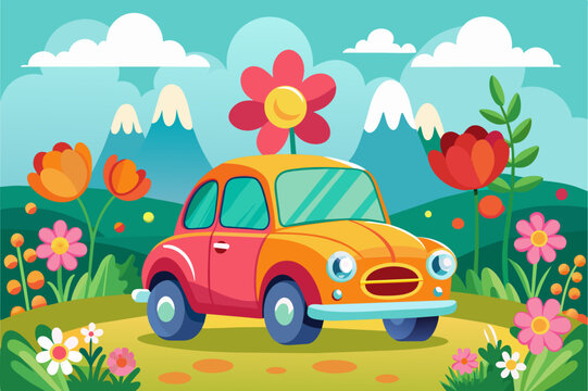 Charming cartoon car adorned with flowers on a white background.