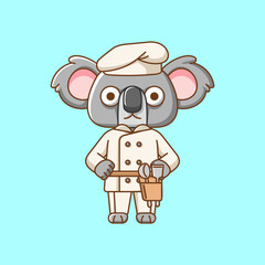 Cute koala chef cook serve food animal chibi character mascot icon flat line art style illustration concept cartoon