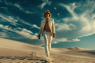 High fashion concept. Full length portrait of fashionable male model with long blond hair walking in luxurious clothing among sands under the blue sky. Luxury brands campaign style - obrazy, fototapety, plakaty
