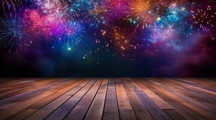 Wood floor empty with fireworks background - Powered by Adobe