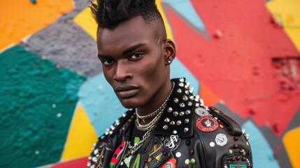 A young black man with a sleek hightop fade poses in front of a colorful backdrop wearing a studded leather jacket adorned with various pins and patches. His mismatched patterns and . - obrazy, fototapety, plakaty