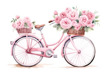 Bicycle with pink roses. Watercolor illustration isolated on white background