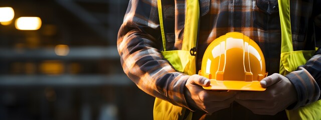 The worker is wearing a checked shirt and safety vest and holding a safety hat in his hand. Zoom in on his hands and stomach, industrial safety concept photo, (good to use as a banner photo) - Powered by Adobe