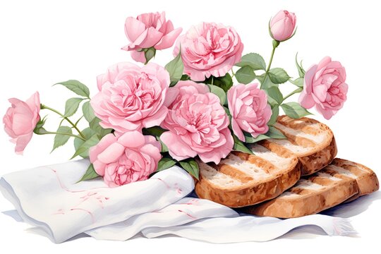 Bread with peony flowers on white background. Watercolor illustration