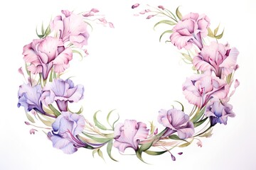 Watercolor floral wreath with iris flowers, hand painted isolated on white background