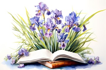 Watercolor illustration of a bouquet of irises and an open book
