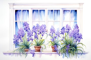 Watercolor window with blue iris flowers in pots on white background