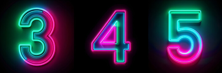Numbers 3, 4, 5, Neon Alphabet: Vibrant Glow Letter Set.