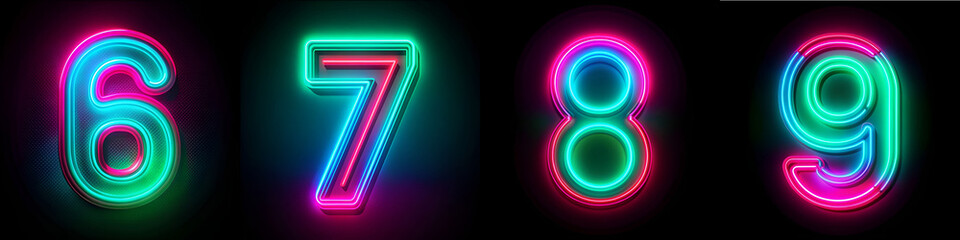 Numbers 6, 7, 8, 9, Neon Alphabet: Vibrant Glow Letter Set.