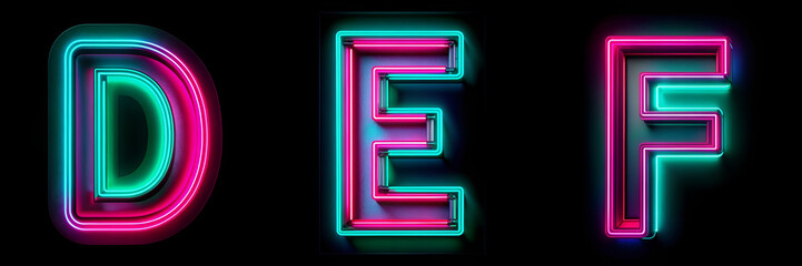 Letters D, E, F, Neon Alphabet: Vibrant Glow Letter Set. - obrazy, fototapety, plakaty