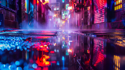 Obraz premium Neon-Lit Alleyway in the Rain with Puddles Reflecting Lights