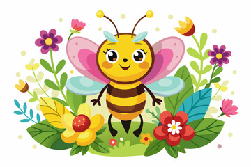 A charming bee cartoon character buzzes amidst vibrant flowers.