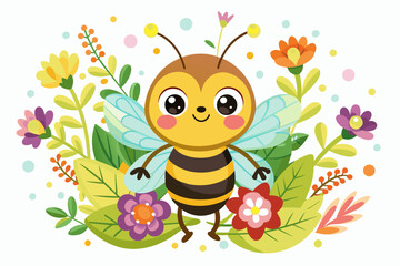 A charming bee cartoon animal with flowers on a white background.
