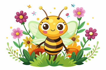 A charming bee cartoon animal with flowers on a white background.