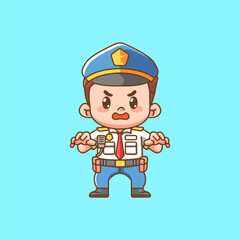 Cute police officer uniform catch kawaii chibi character mascot illustration outline style design