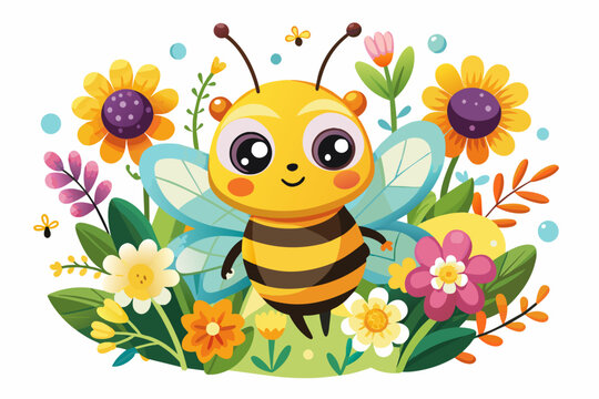 A charming bee cartoon animal buzzes around vibrant flowers on a white background.