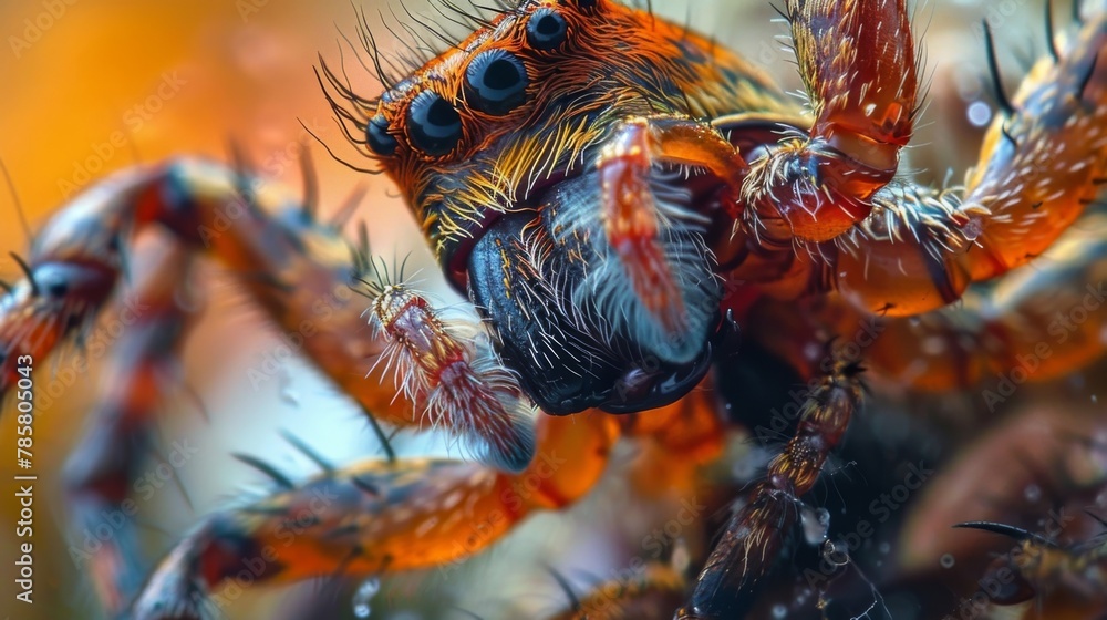 Poster macro photograph of a spider fang in action piercing through prey with intense force. the tension in