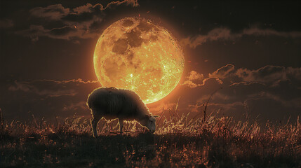  Silhouette a sheep against moon at blue night. Eid Al-Adha greeting scene