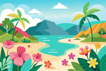 Beaches are charming with flowers blooming in a white background.
