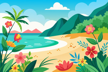 Beaches are charming with flowers blooming in vibrant hues against a pristine white background.