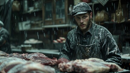 A man, likely a butcher, standing beside a substantial pile of assorted meats, showcasing various cuts and types of meat.