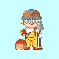 Cute farmers harvest tomato vegetables kawaii chibi character mascot illustration outline style design