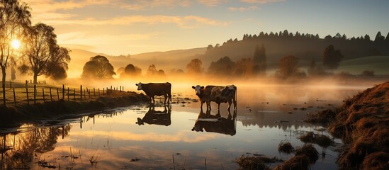 Misty Morning with Grazing Cows - obrazy, fototapety, plakaty