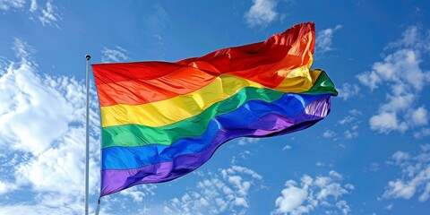 Vibrant rainbow pride flag waving under blue sky, symbol of LGBTQ+ community, diversity and freedom, related to pride month celebrations. Copy space.