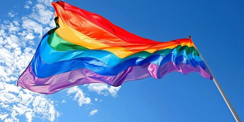 Vibrant rainbow pride flag waving against clear blue sky, symbolizing LGBTQ+ community and diversity.