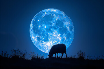  A  sheep against moon at blue night. Eid Al-Adha greeting scene
