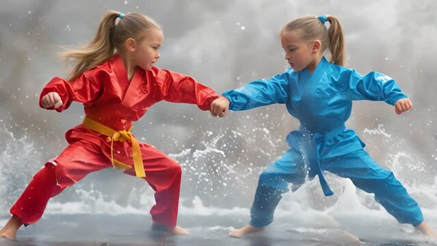 Two children fighting judo In red and blue.