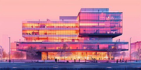 Majestic modern architecture bathed in pink sunset hues, numerous people visible, urban setting, concept of innovative design and technology. Copy space.