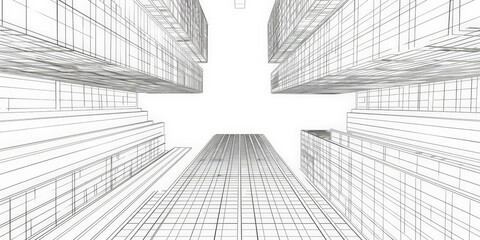 Fototapeta premium Intricate black and white wireframe of skyscrapers, modern urban architecture, concept for futuristic city planning. Copy space.