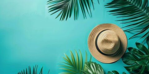 Serene tropical summer concept with one straw hat surrounded by lush green palm leaves on a vibrant...