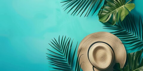 Serene tropical summer concept with one straw hat and lush green palm leaves on turquoise...