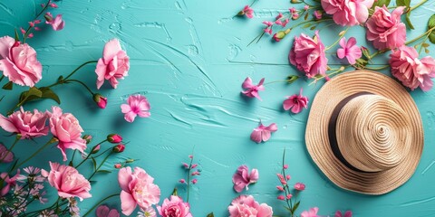 Charming summer vibes with straw hat and pink roses on turquoise background, floral composition,...