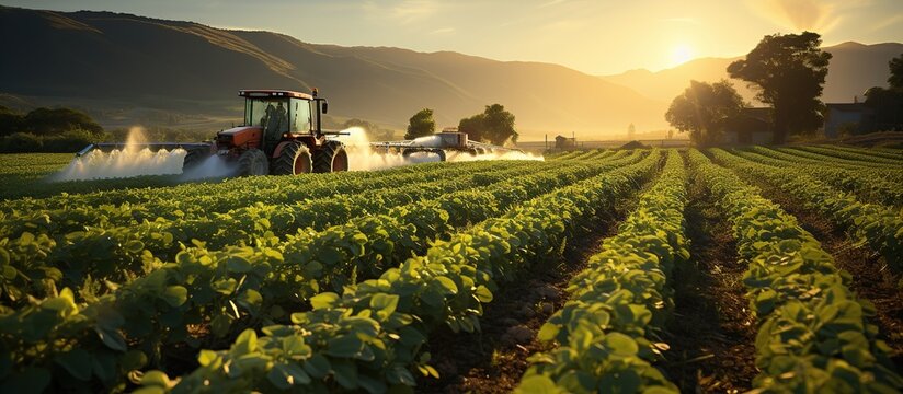 Tractor spraying pesticides on potato field with sprayer at sunset.