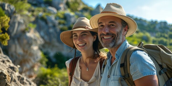 Joyful middle-aged couple hiking in mountains, wearing hats, backpacks, smiling at camera, summer adventure travel theme, clear blue sky.