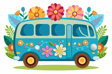 A charming cartoon bus with colorful flowers decorates its exterior on a white background.