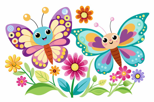 Charming cartoon butterflies flutter amidst colorful flowers.