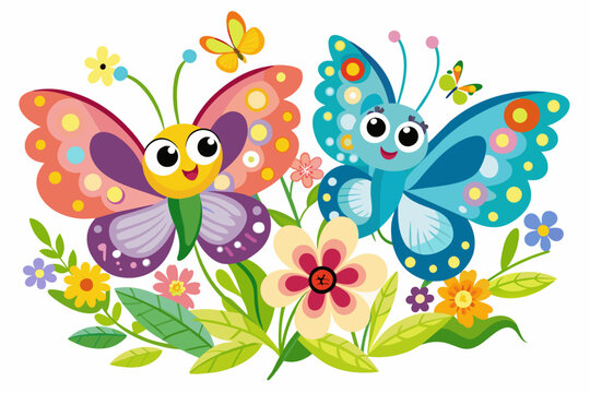 Charming cartoon butterflies flutter amidst vibrant flowers, creating a whimsical scene.