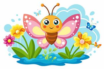A charming cartoon butterfly flutters amidst vibrant flowers.