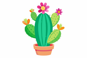 Charming cactus adorned with vibrant flowers blossoms against a pure white backdrop.